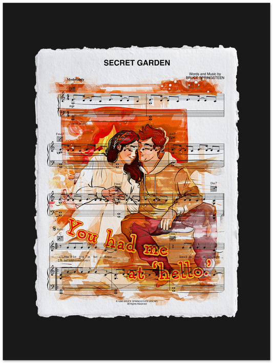 Artistic depiction of a couple with sheet music background and text 'You had me at hello'.