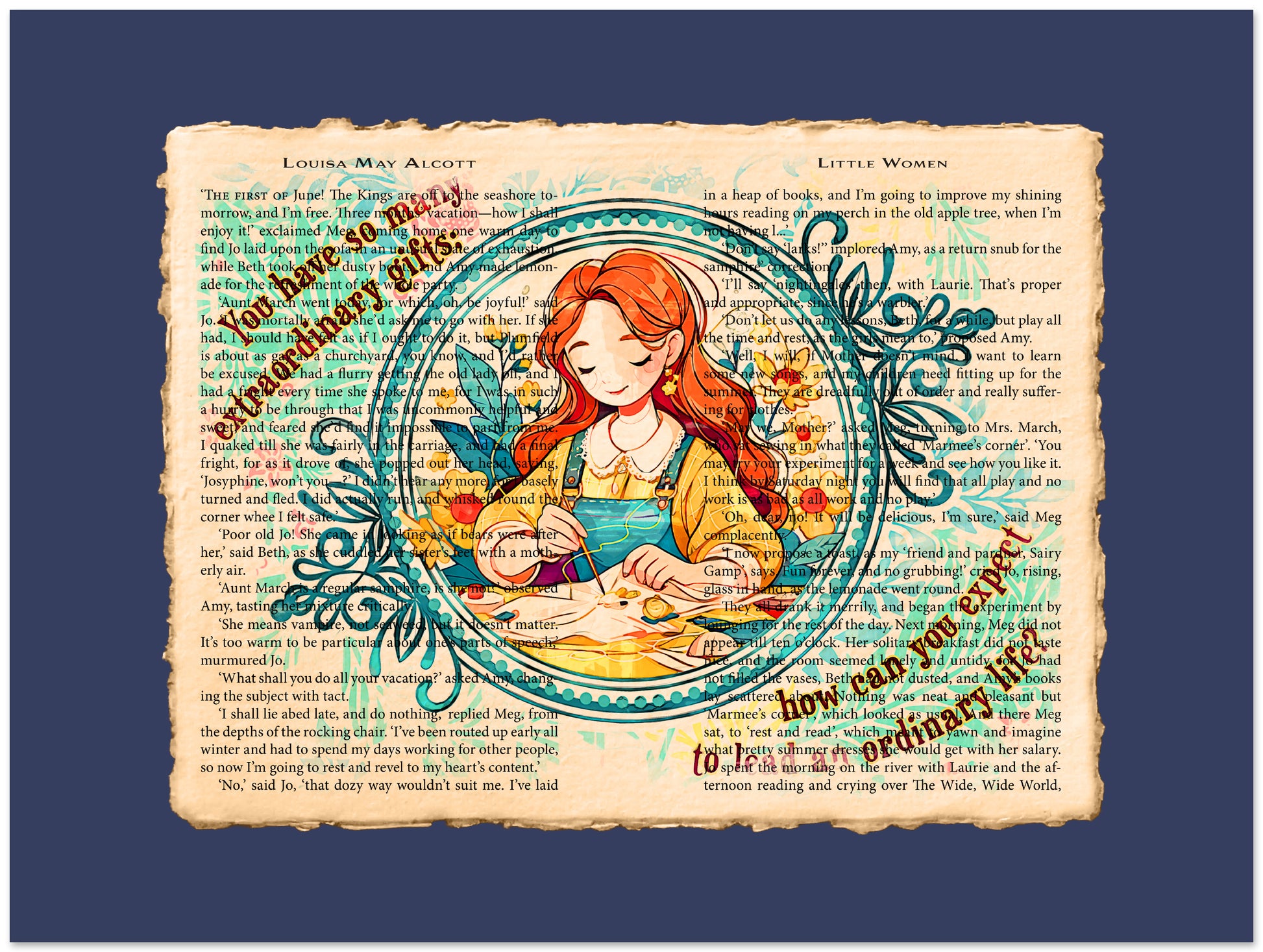 Illustration of a girl with red hair in a circular frame on a textured paper background.
