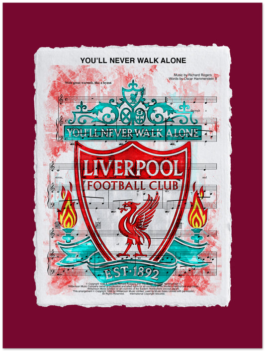 Liverpool Football Club emblem with 'You'll Never Walk Alone' text on a red background