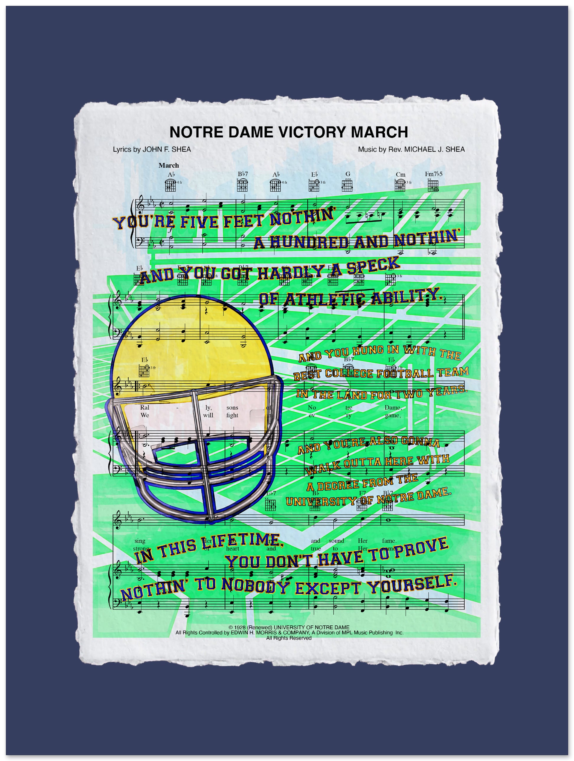 Sheet music for 'Notre Dame Victory March' with a football helmet illustration on a blue background