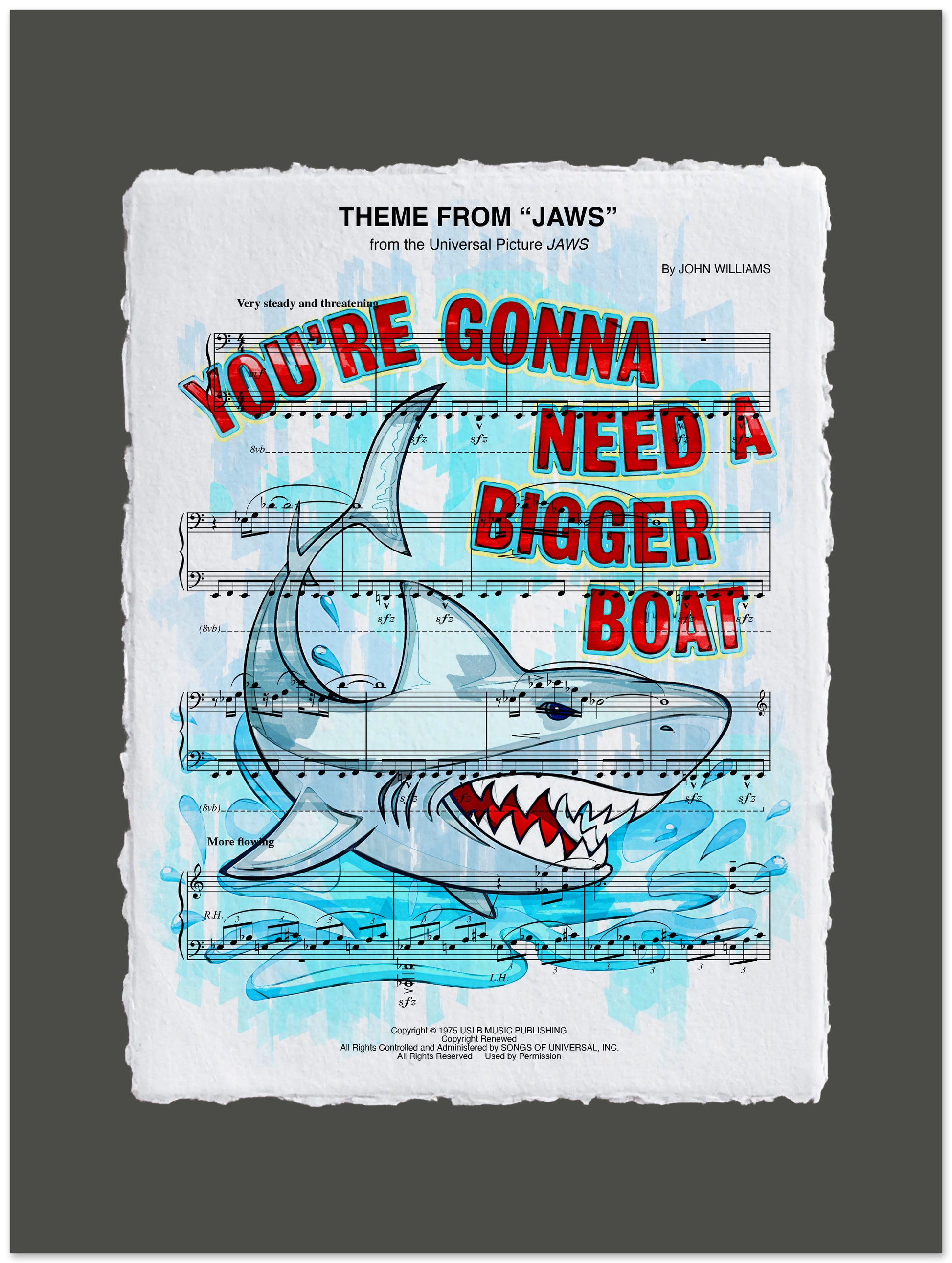 Sheet music cover with a shark illustration and text 'You're Gonna Need a Bigger Boat' from the movie 'Jaws'.