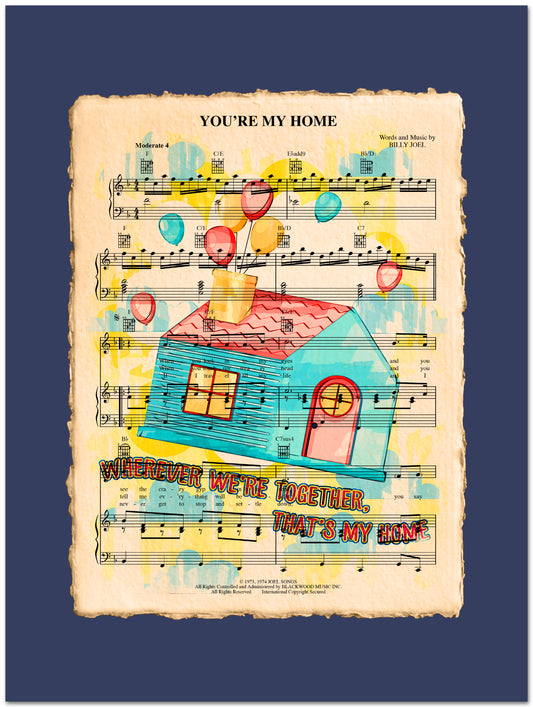 Sheet music with a colorful house illustration and text on a blue background