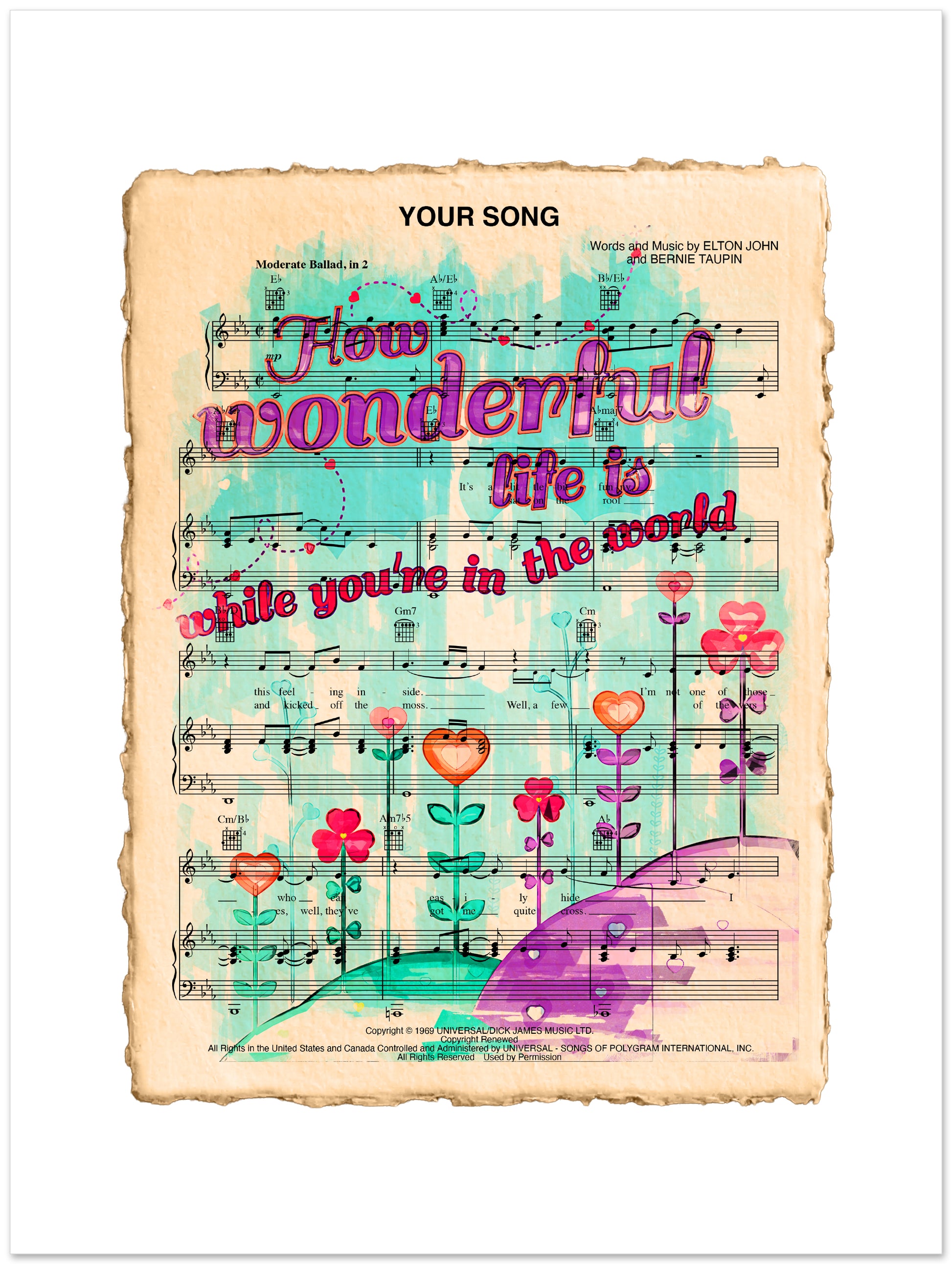 Sheet music with colorful floral design and text on a white background