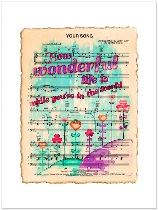 Sheet music with colorful floral design and text on a white background