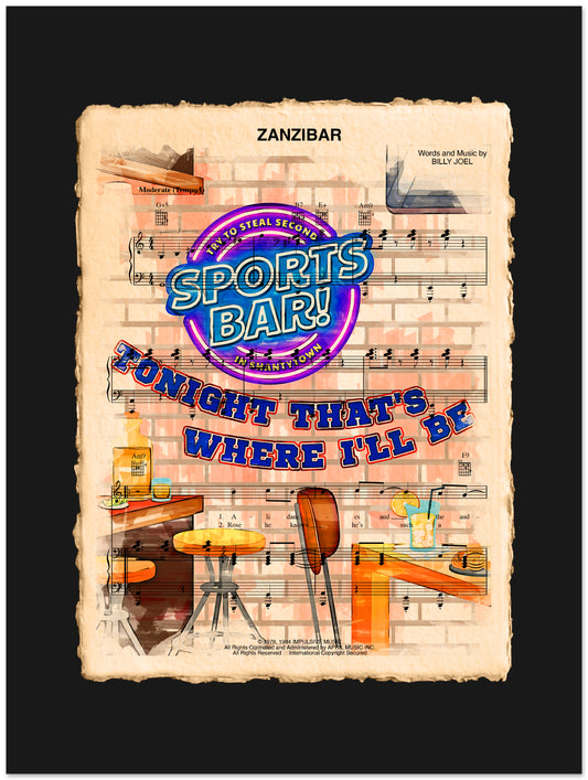 Sheet music cover for 'Sports Bar!' with a bar-themed illustration and text.